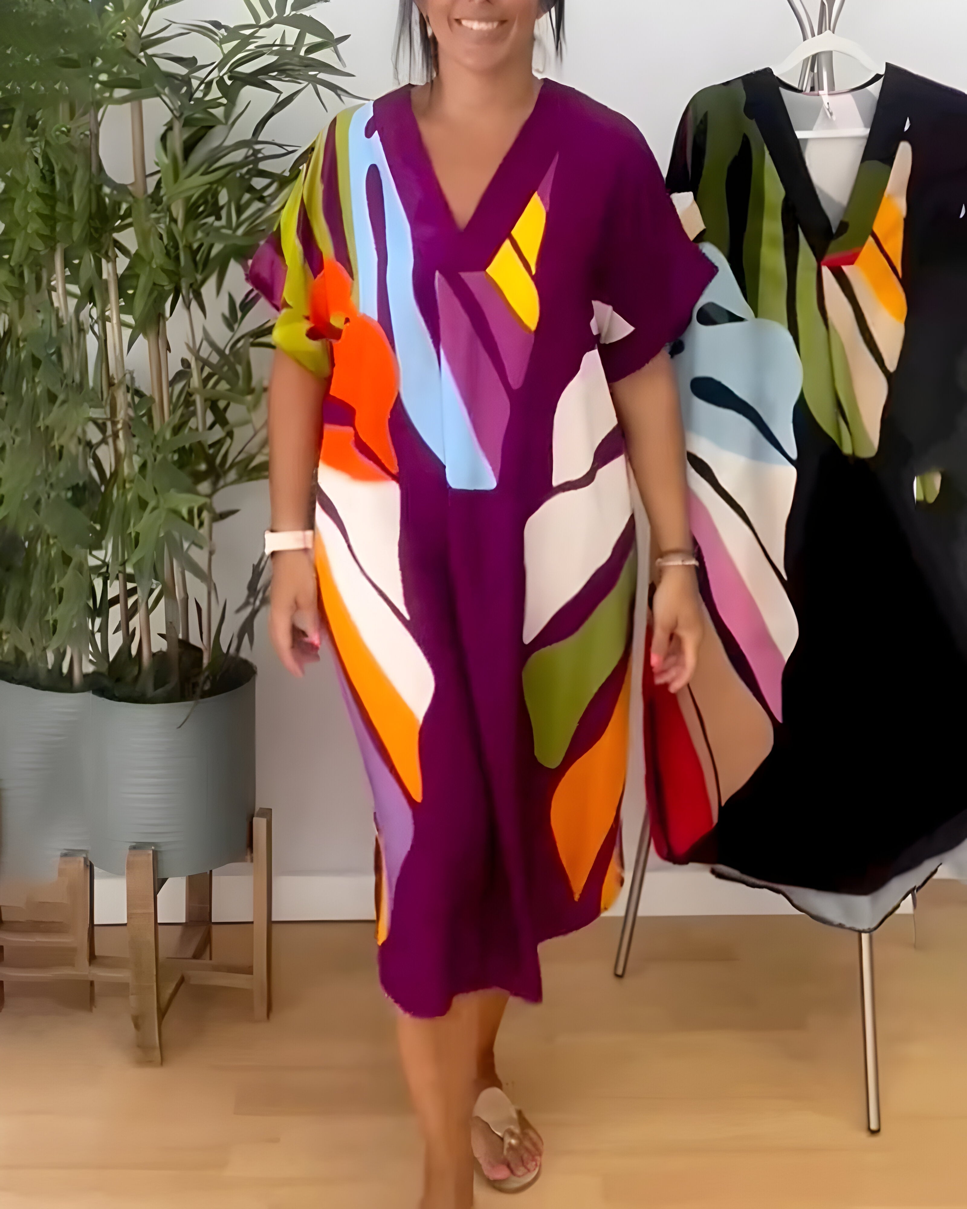 Roos™ | Rochie Zilnică cu Imprimare Colorată de Frunze