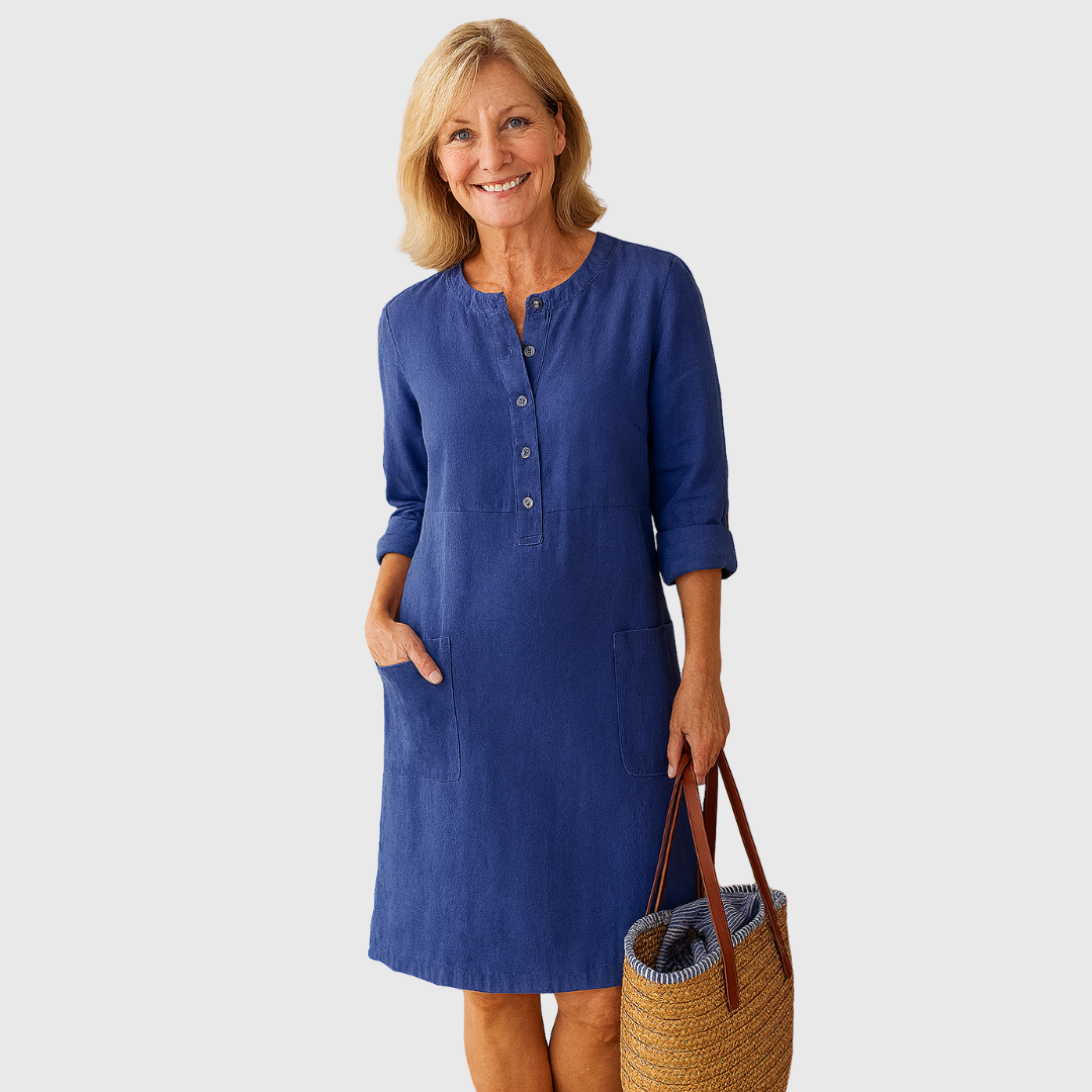 Sofia – Rochie Monocromă cu Buton de Confort