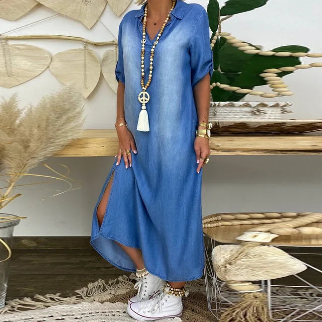 Lea | Rochie din denim lungă cu fante laterale
