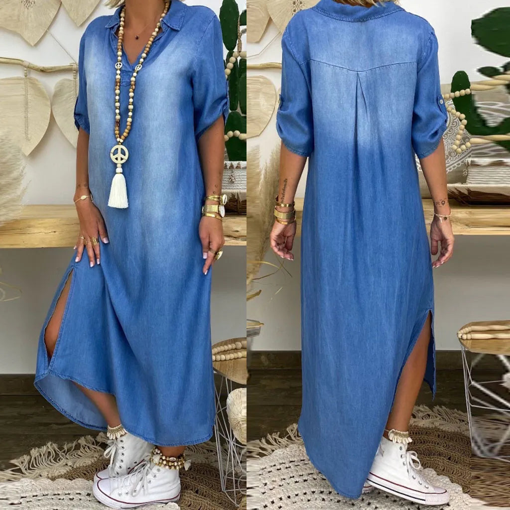 Lea | Rochie din denim lungă cu fante laterale