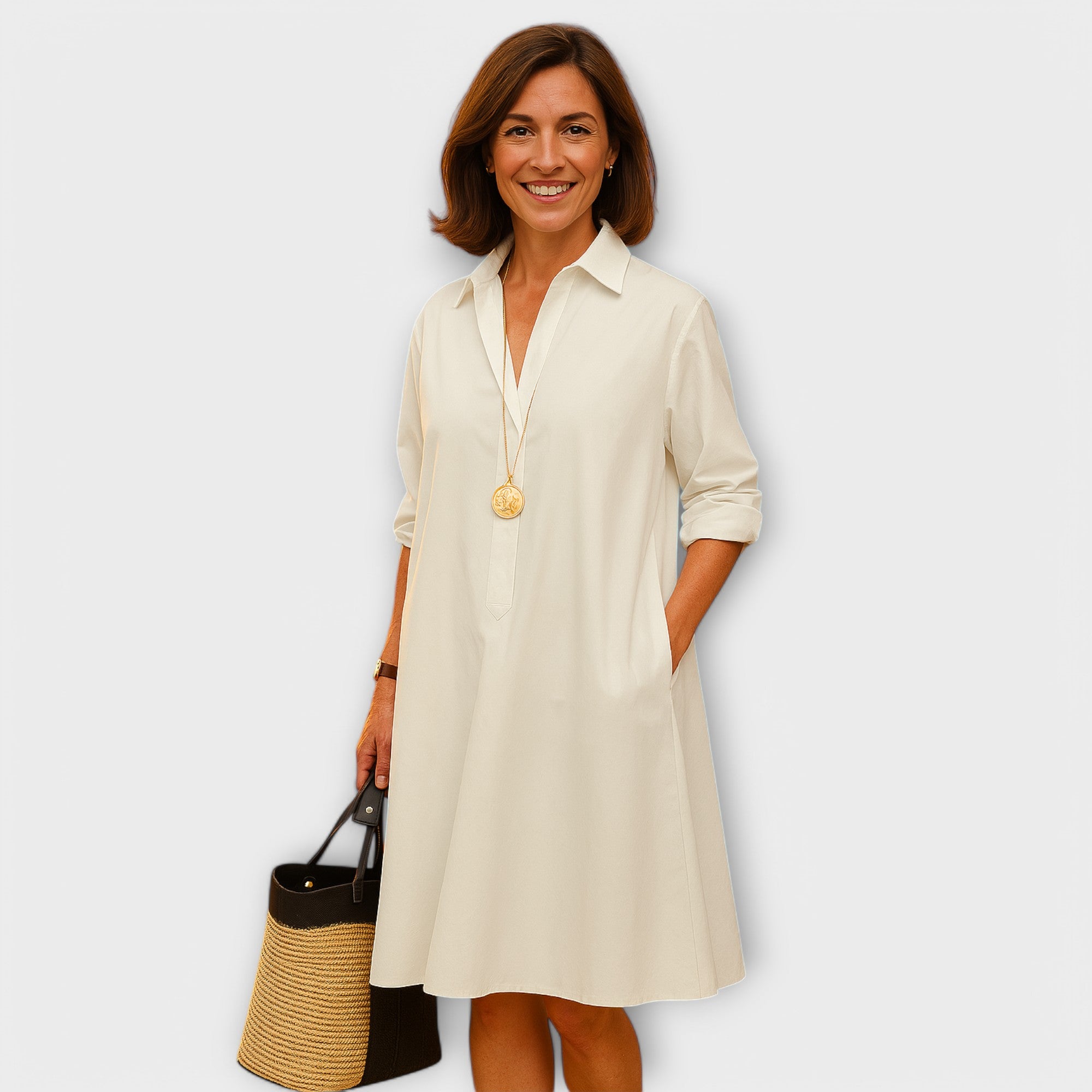 Rochie modernă cu guler și mâneci trei sferturi