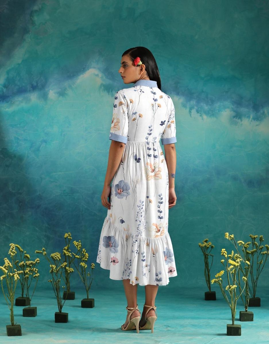 Elvienne | Rochie Maxi Frisse cu Print și Guler