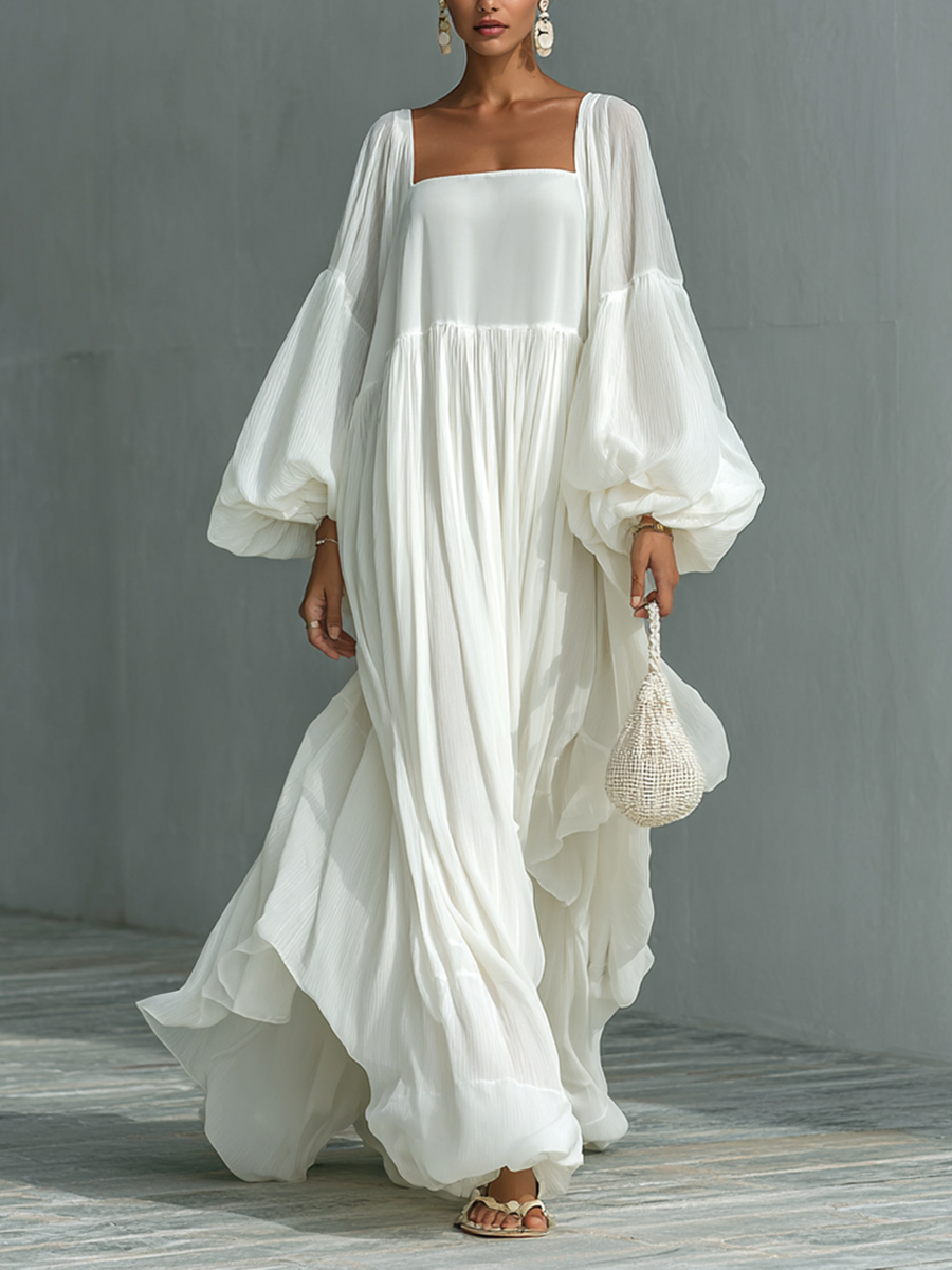 Rochie Maxy Plisată cu Mâneci Tip Lanternă și Guler Tip Rever