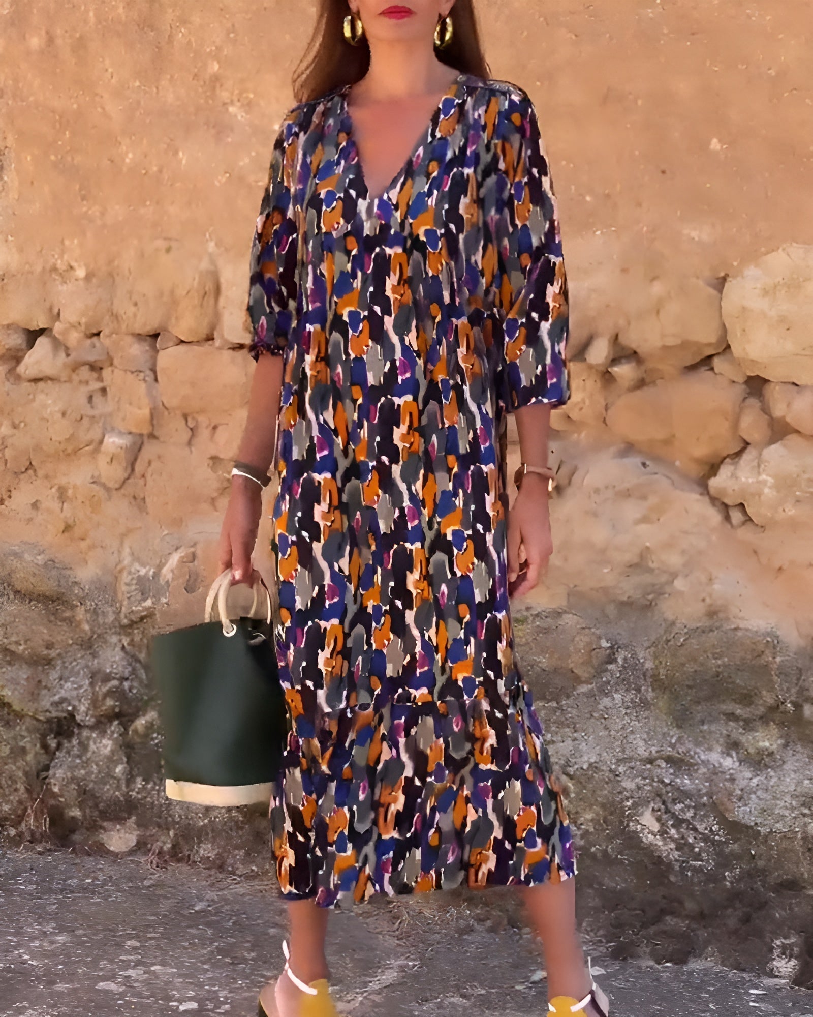 Nathalie™ | Rochie retro imprimată cu decolteu în V