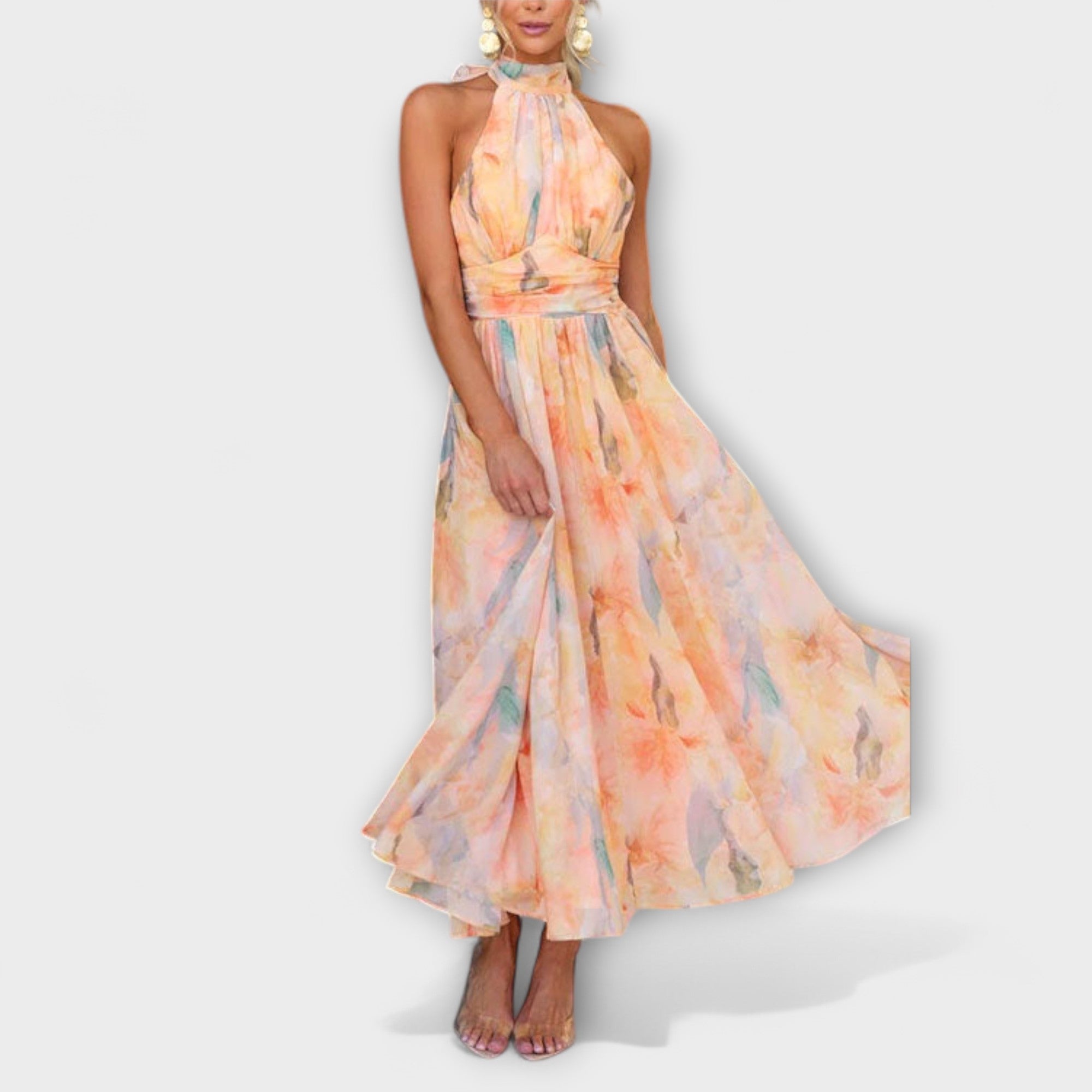 Rochie Maxi cu Imprimare Aquarel și Gât Halter
