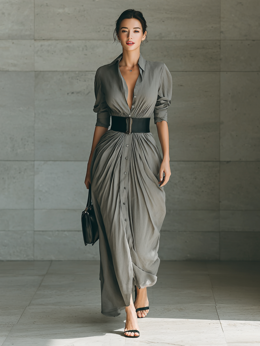 Rochie Maxi cu Guler Revers și Mâneci Lungi