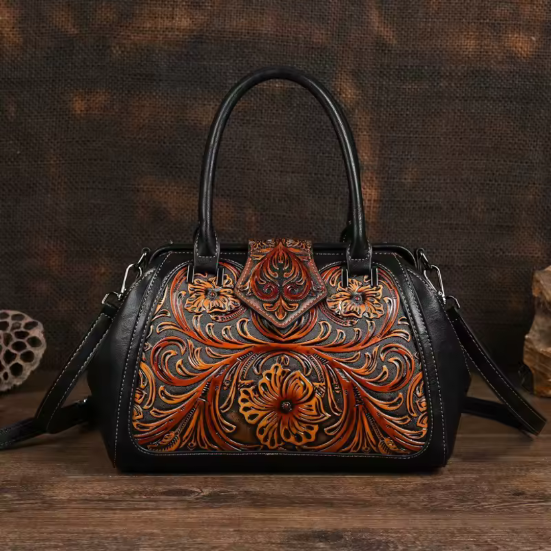 Florina - Geantă de mână din piele cu design floral gravat