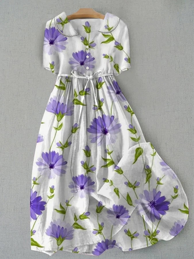Sage - Rochie florală vintage cu șnur în talie și mâneci midi
