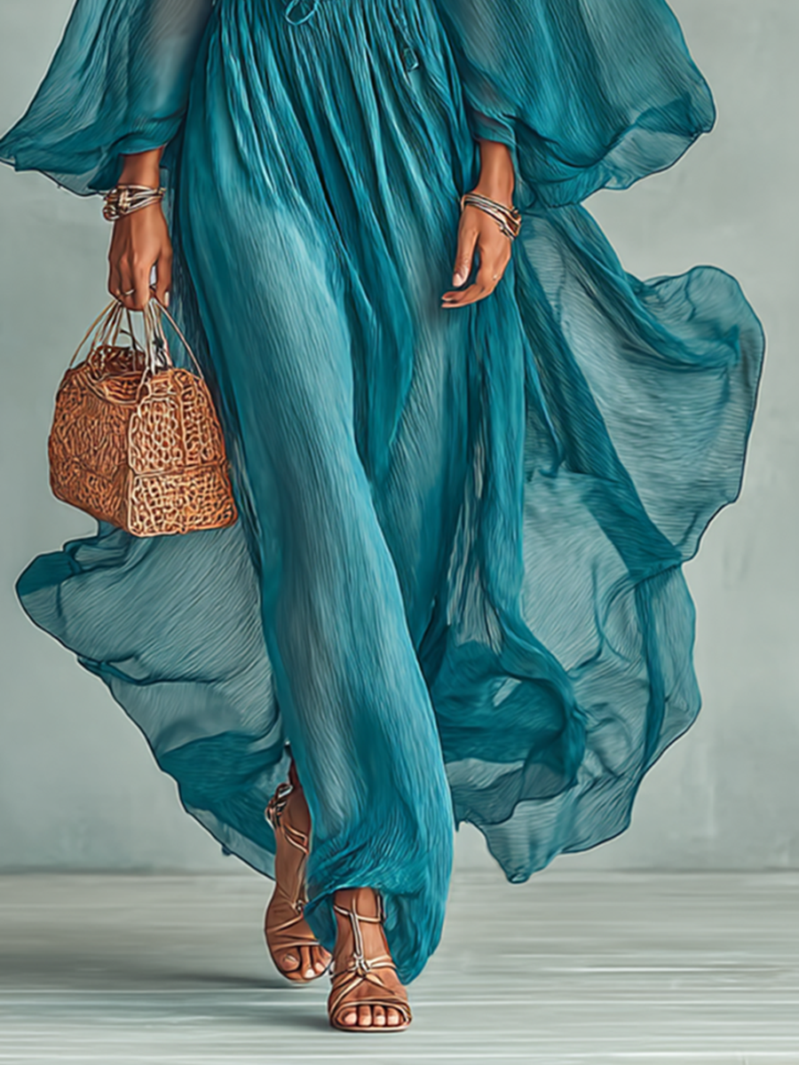 Rochie Maxi din Chiffon cu Guler Rotund și Mâneci Lungi pentru Femei, cu Talie Reglaibilă