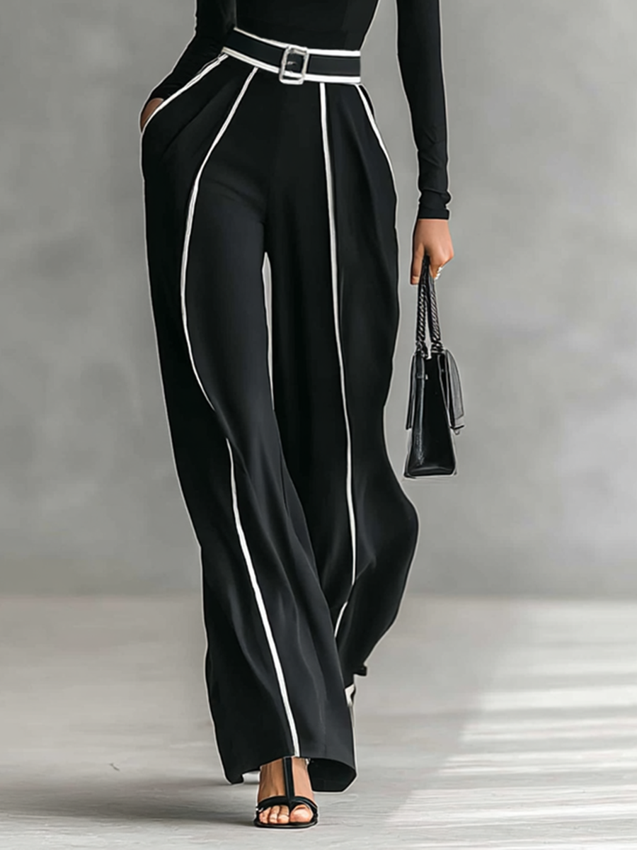Set de două piese pentru femei cu top cu gât înalt, mâneci lungi, pantaloni cu picior larg și curea