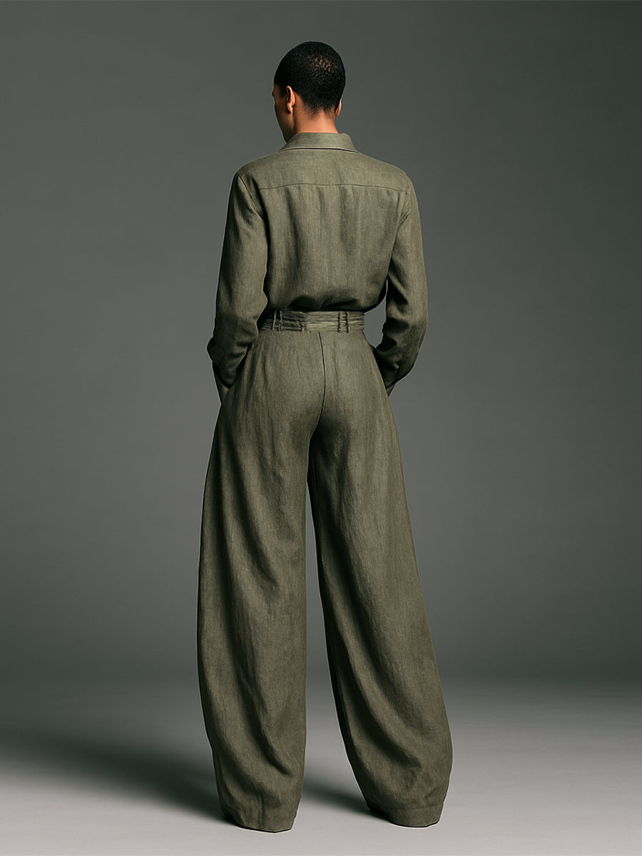 Set de Două Piese Femei din Bumbac și In cu Cămașă cu Mâneci Lungi și Pantaloni cu Picior Larg