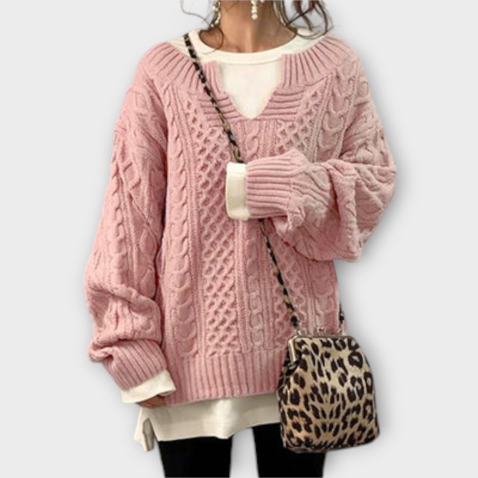 Pulover Oversized Tricotat cu Model în Cablu