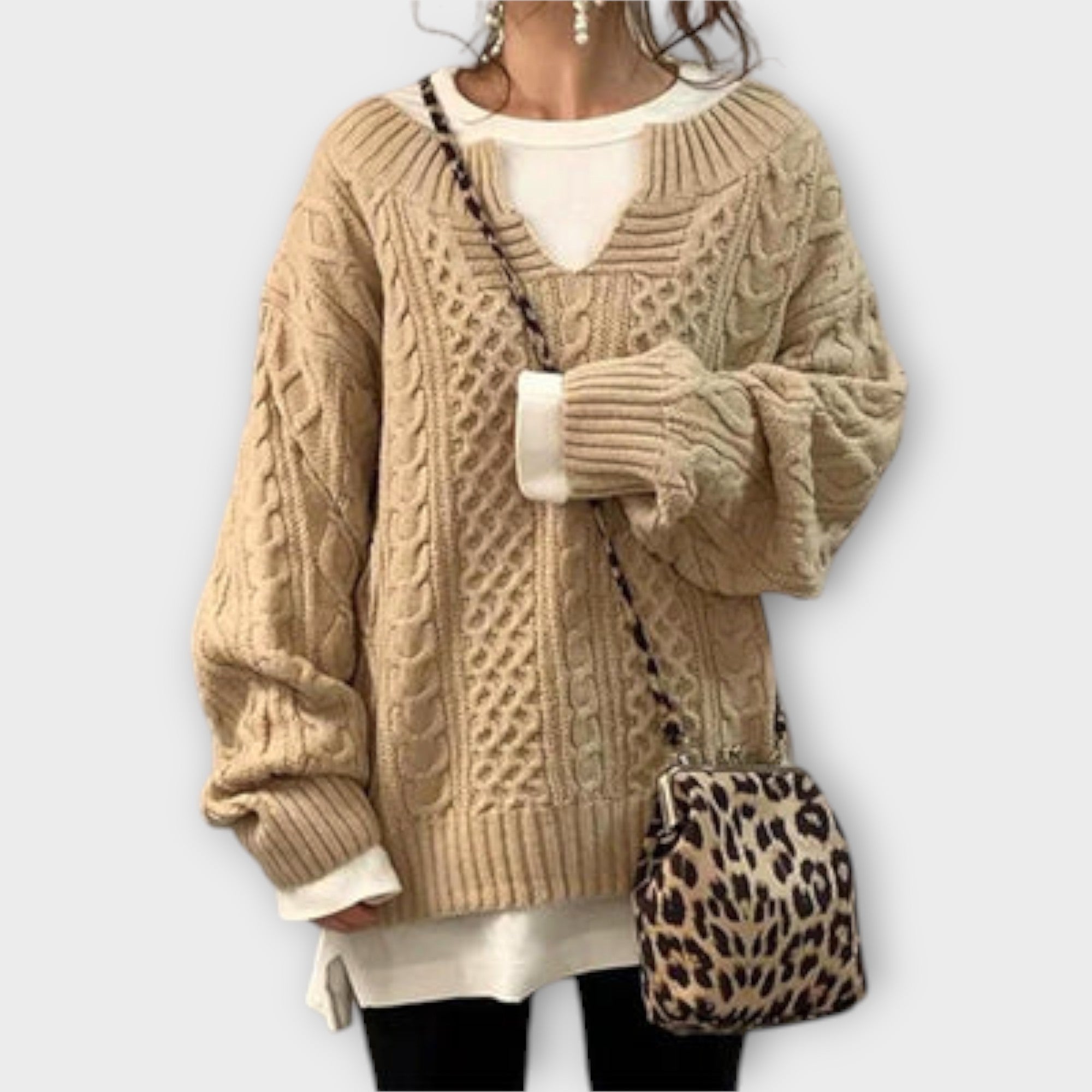 Pulover Oversized Tricotat cu Model în Cablu