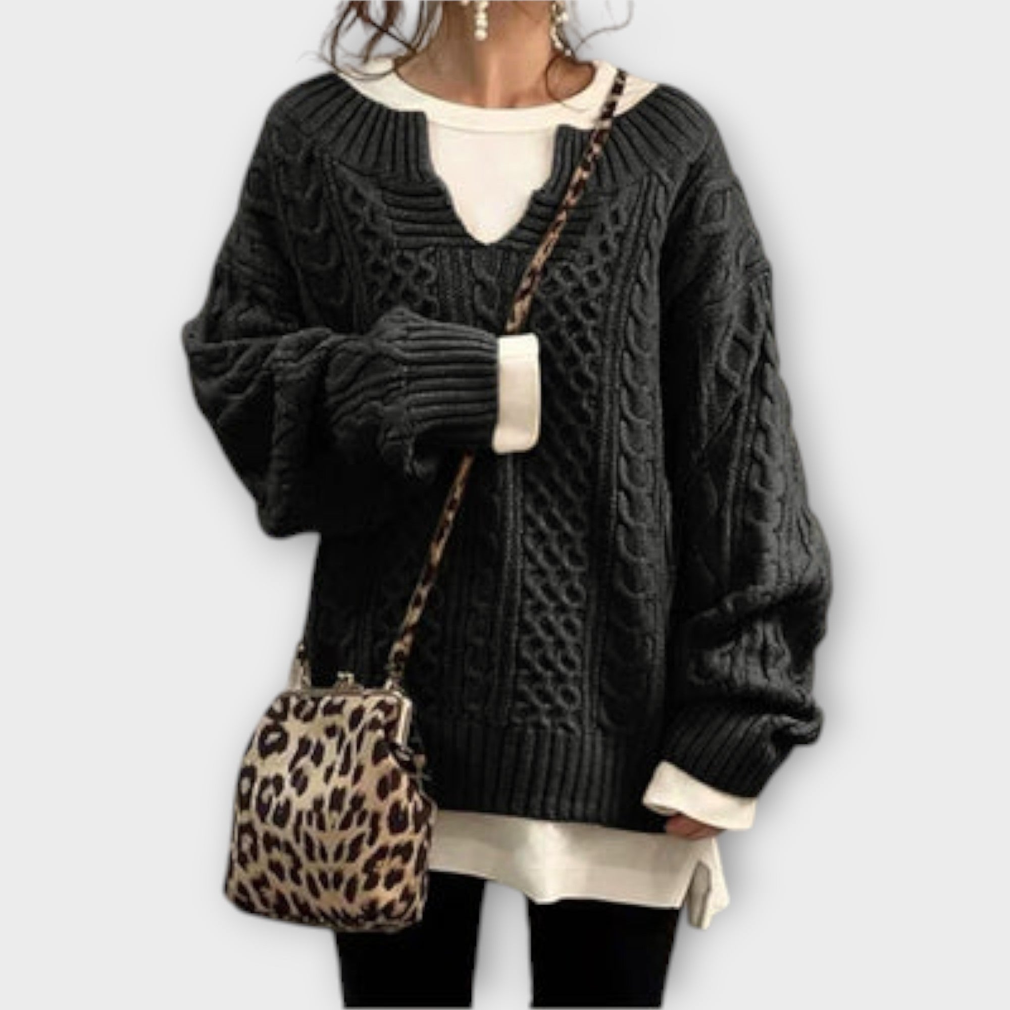 Pulover Oversized Tricotat cu Model în Cablu