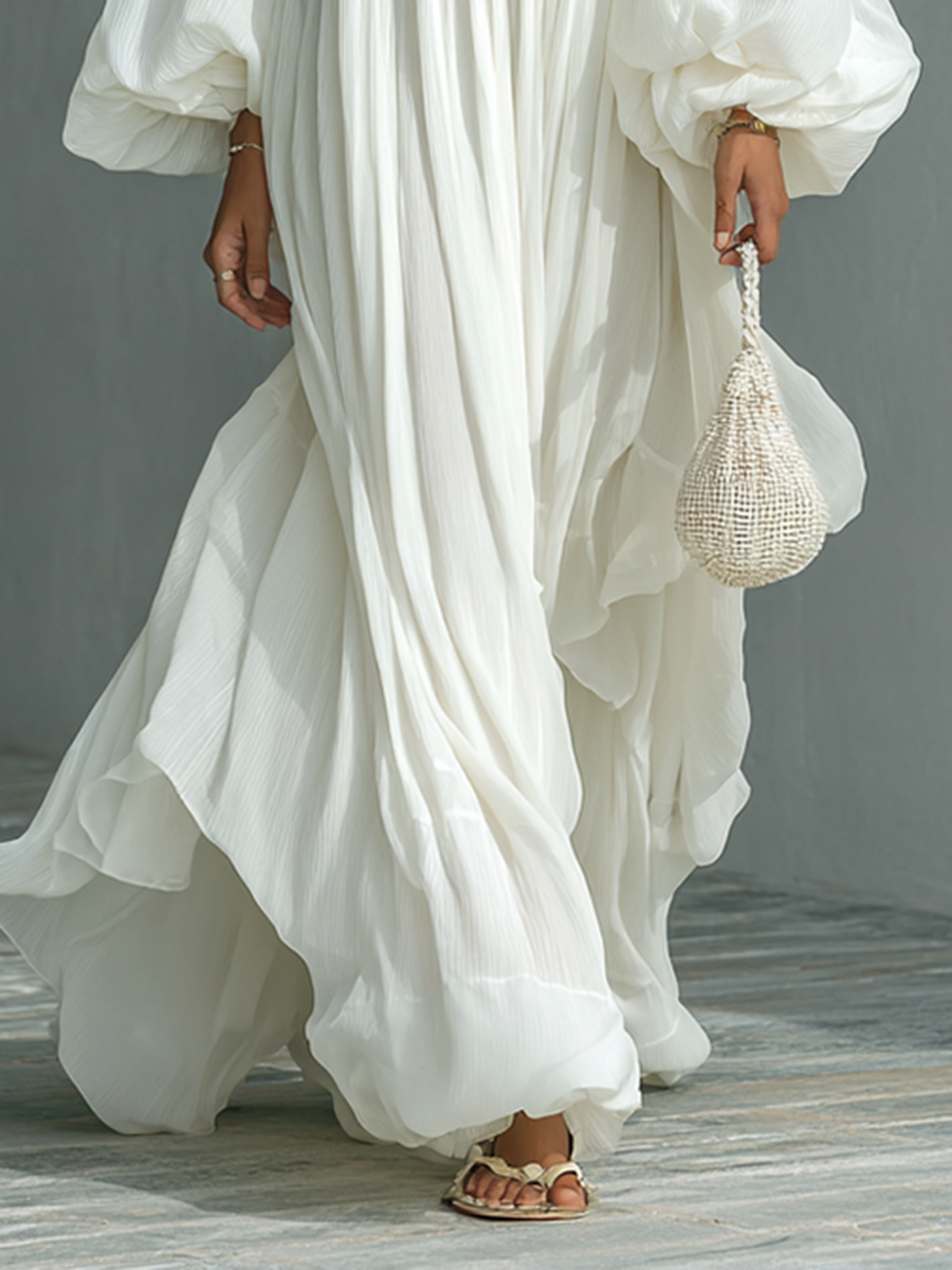 Rochie Maxy Plisată cu Mâneci Tip Lanternă și Guler Tip Rever