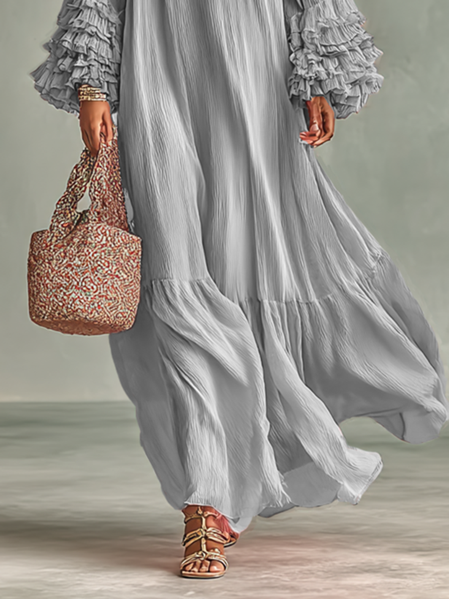 Rochie Maxi din Chiffon Plisat pentru Femei cu Mâneci Lungi și Volane