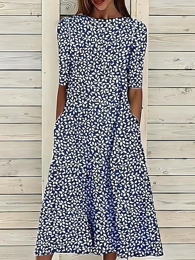 Céleste | Rochie midi de vară cu flori de coastă și decolteu rotund