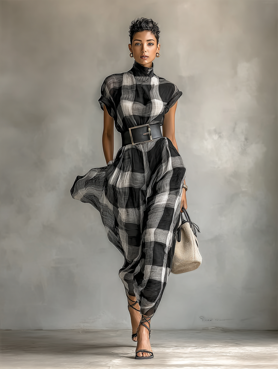 Rochie Maxi din Chiffon în Carouri cu Guler Înalt și Mâneci Scurte