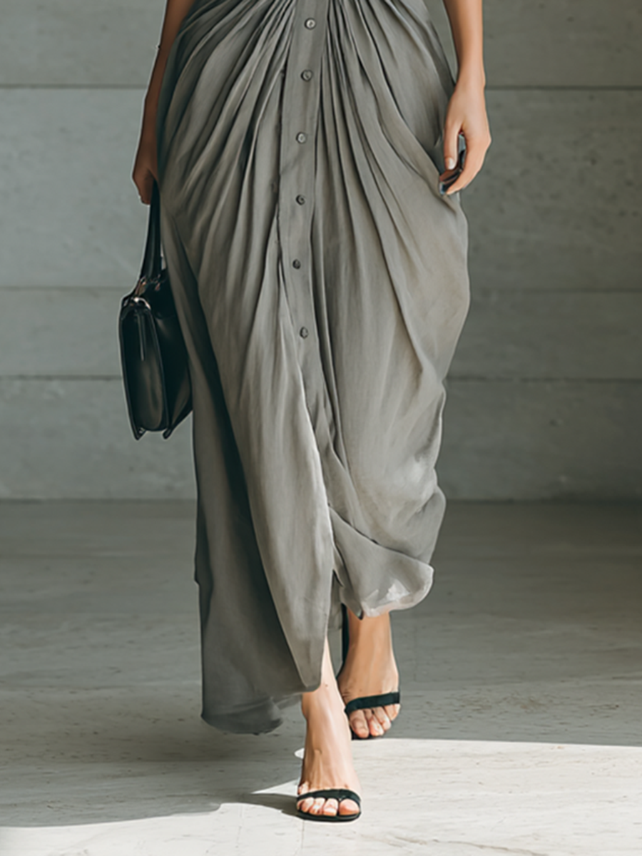 Rochie Maxi cu Guler Revers și Mâneci Lungi