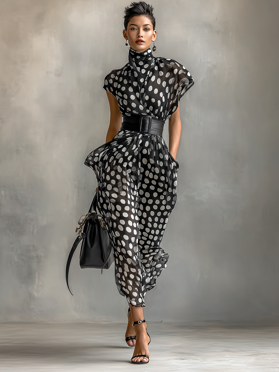Rochie Maxi din Chiffon cu Model Punctat și Guler Înalt