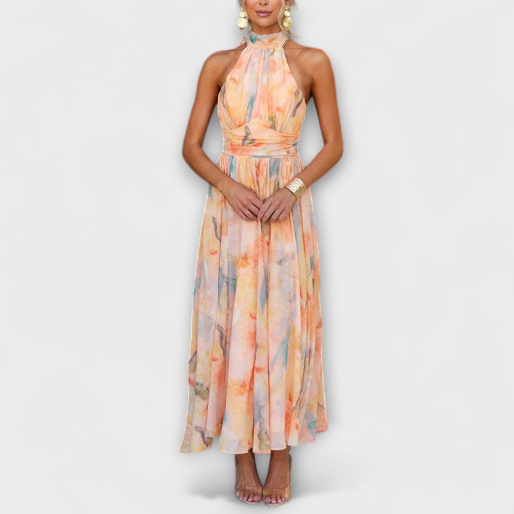 Rochie Maxi cu Imprimare Aquarel și Gât Halter