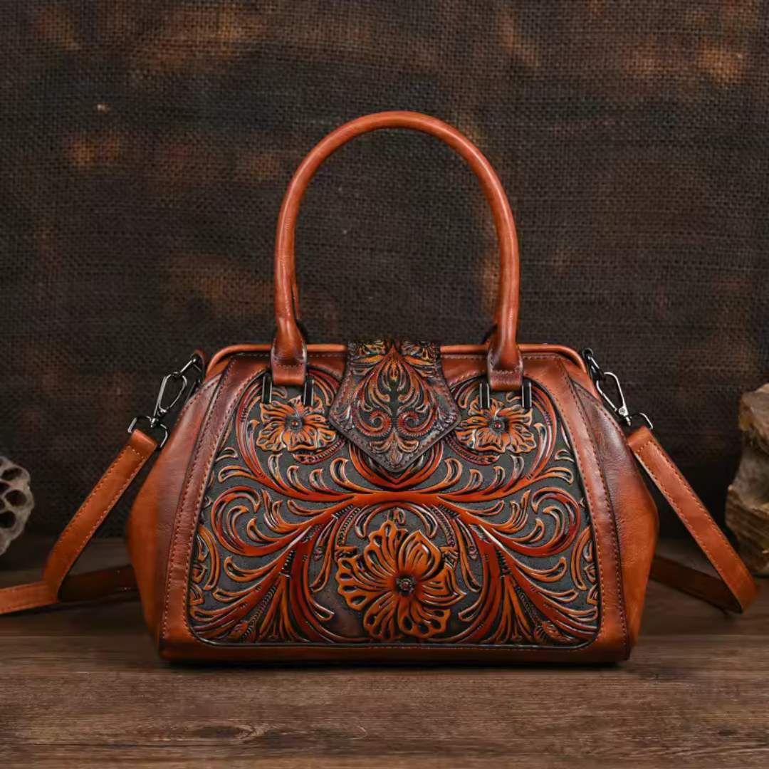 Florina - Geantă de mână din piele cu design floral gravat