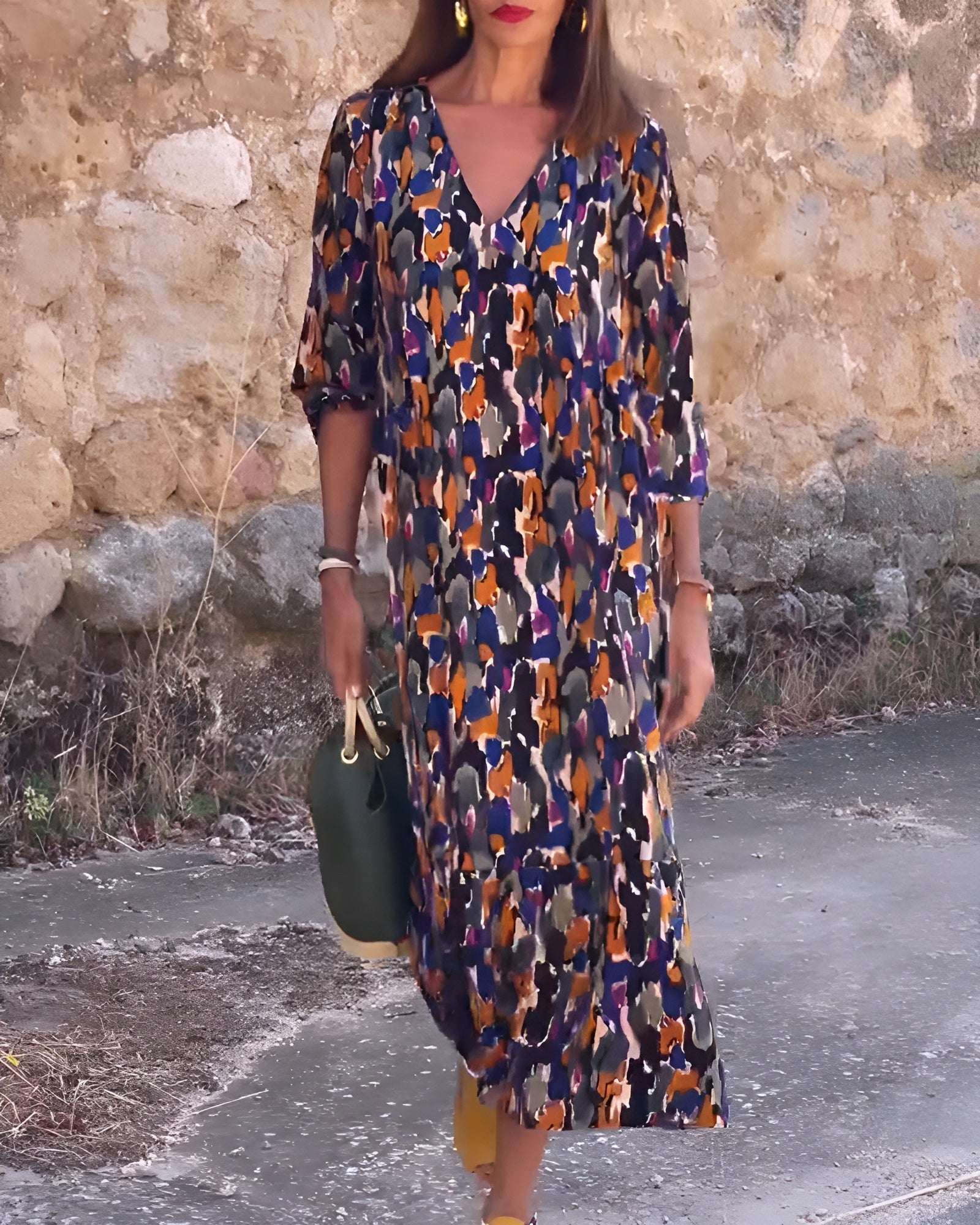Nathalie™ | Rochie retro imprimată cu decolteu în V