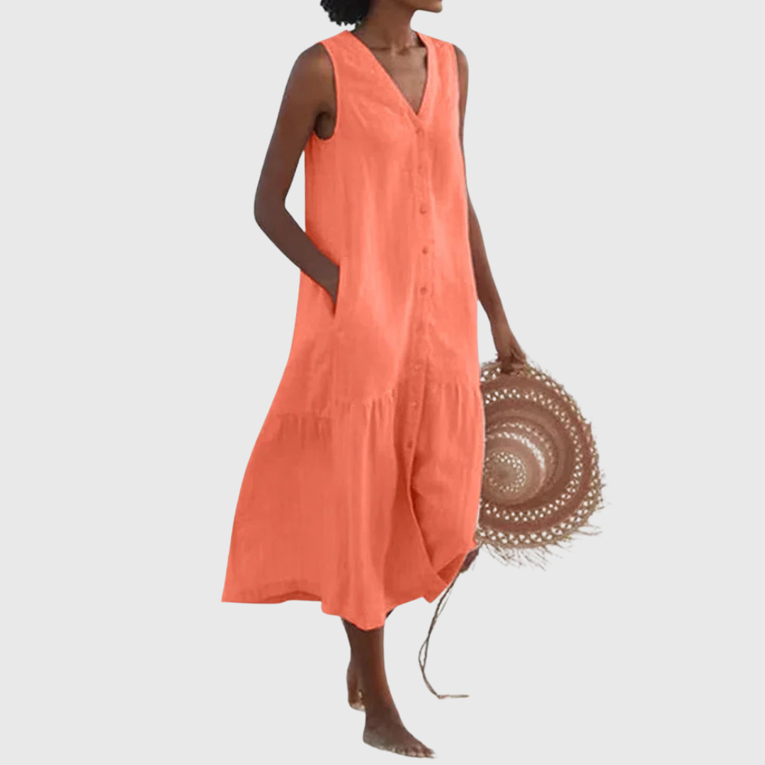 Sofia – Rochie de Vară Fără Mâneci cu Butoane