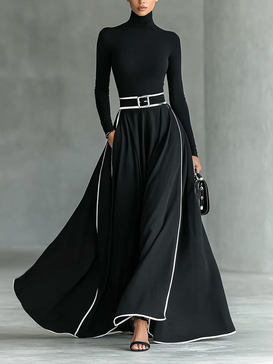 Rochie Maxi Neagră cu Cusături Albe, Gât Înalt, Mâneci Lungi și Curea Strânsă