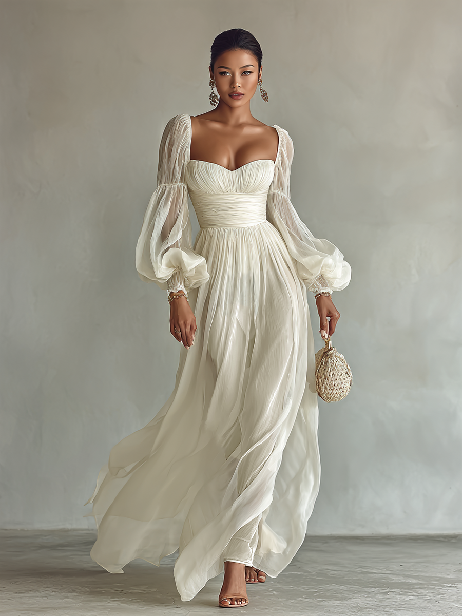 Rochie Maxi din Chiffon pentru Femei cu Decolteu Patrat și Mâneci Lungi