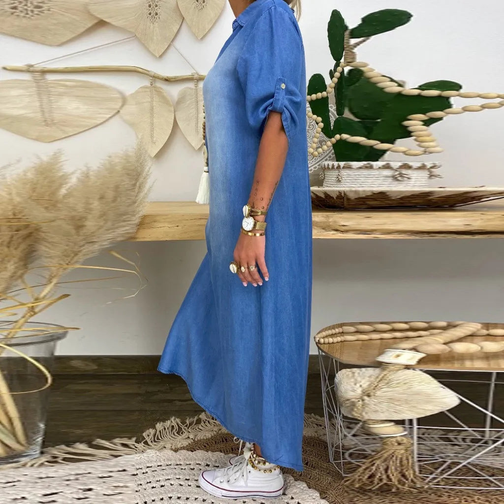 Lea | Rochie din denim lungă cu fante laterale