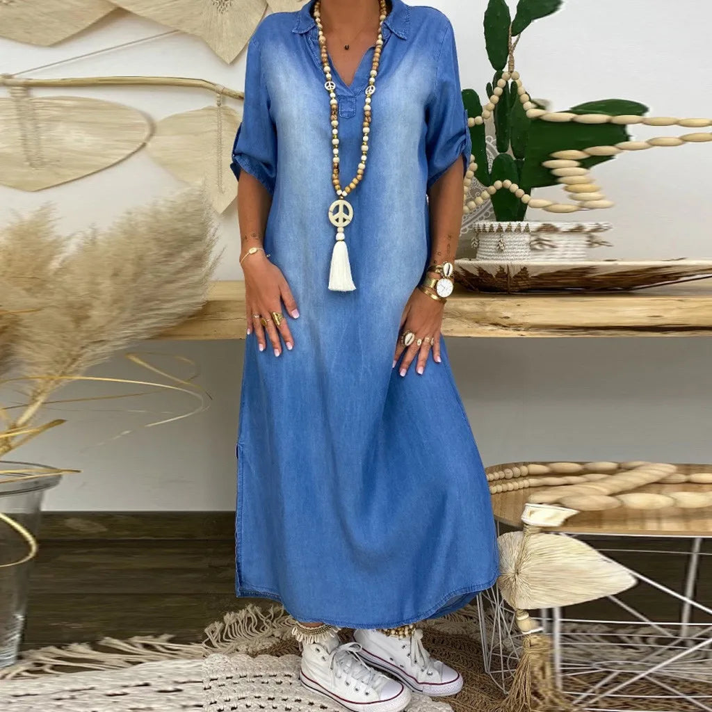 Lea | Rochie din denim lungă cu fante laterale