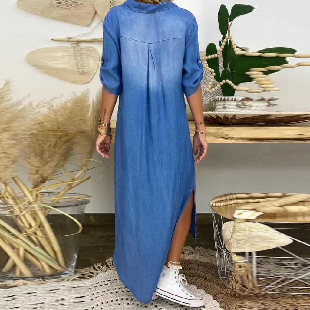 Lea | Rochie din denim lungă cu fante laterale