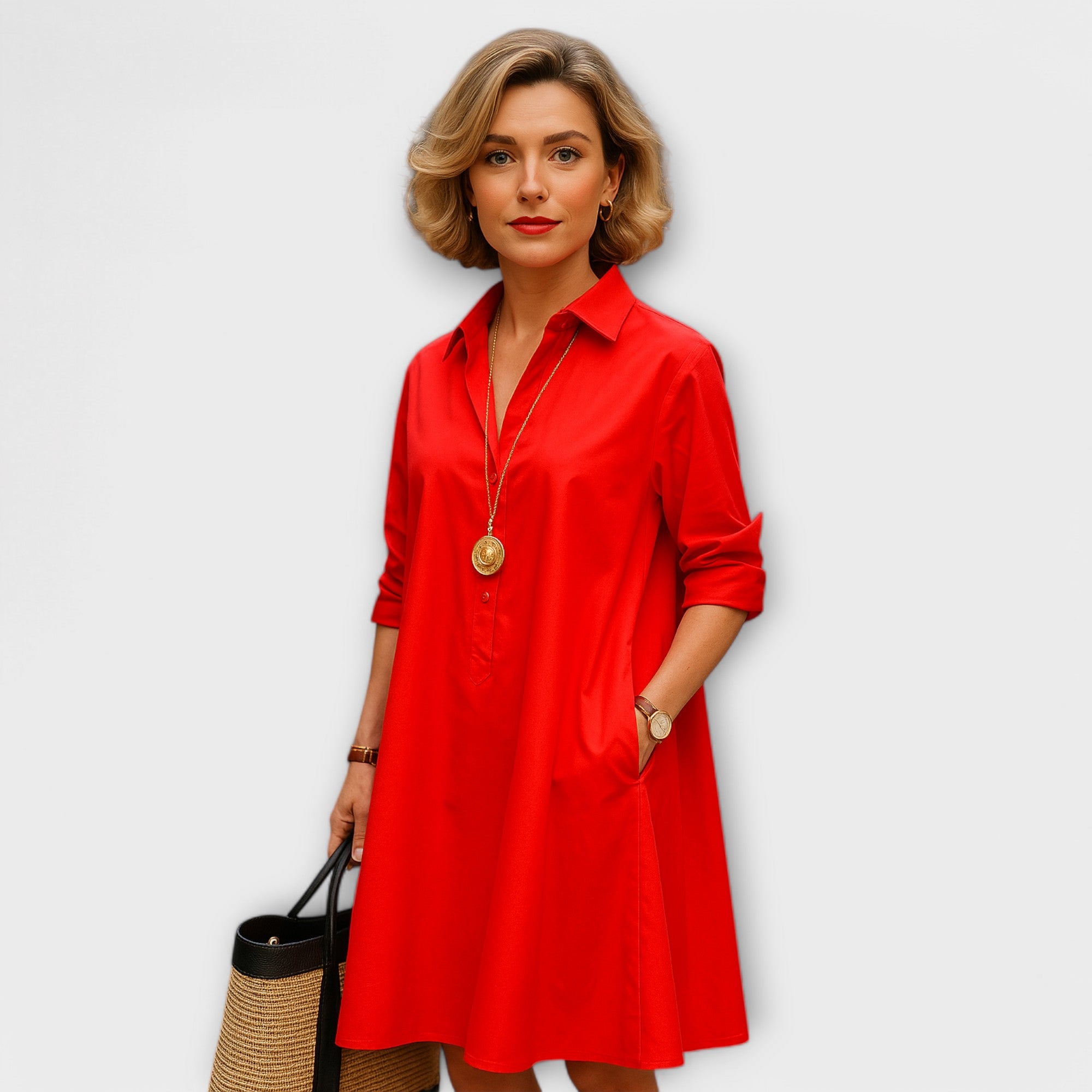Rochie modernă cu guler și mâneci trei sferturi