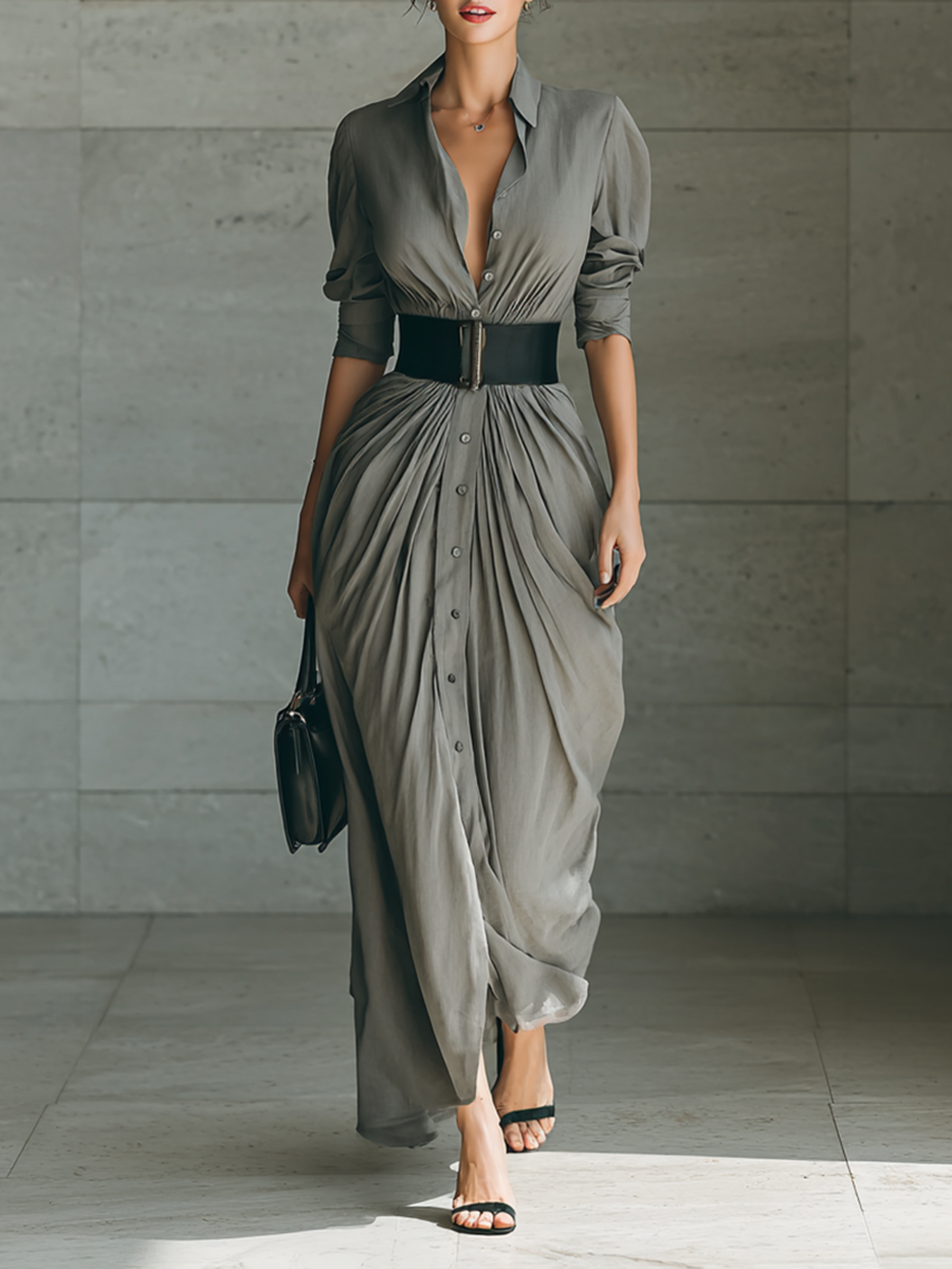 Rochie Maxi cu Guler Revers și Mâneci Lungi