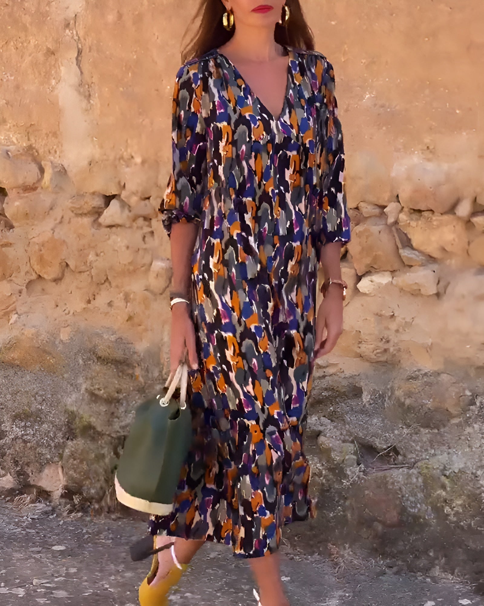 Nathalie™ | Rochie retro imprimată cu decolteu în V