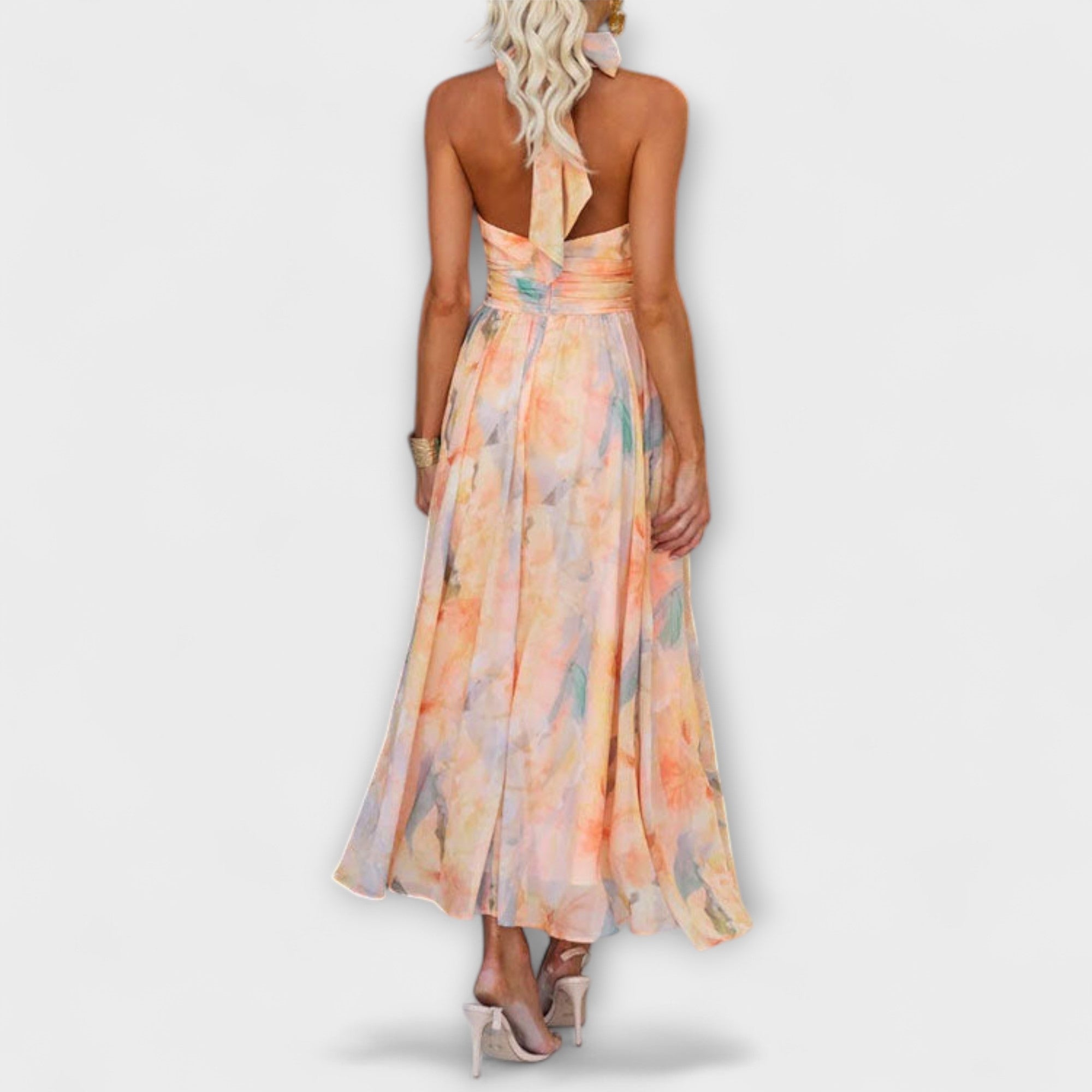 Rochie Maxi cu Imprimare Aquarel și Gât Halter