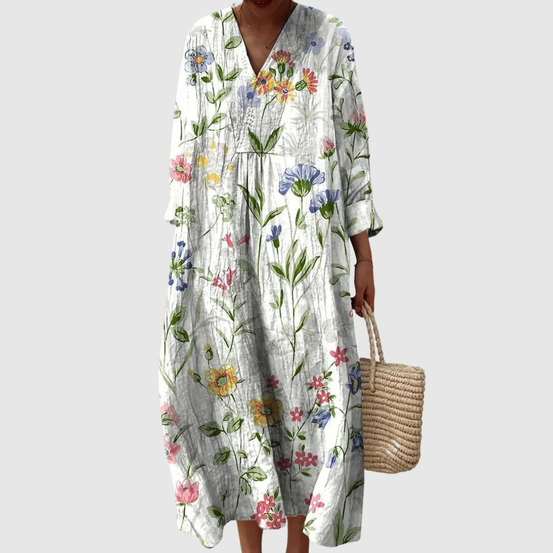 Sofia – Rochie Midi Confortabilă cu Flori de Vară