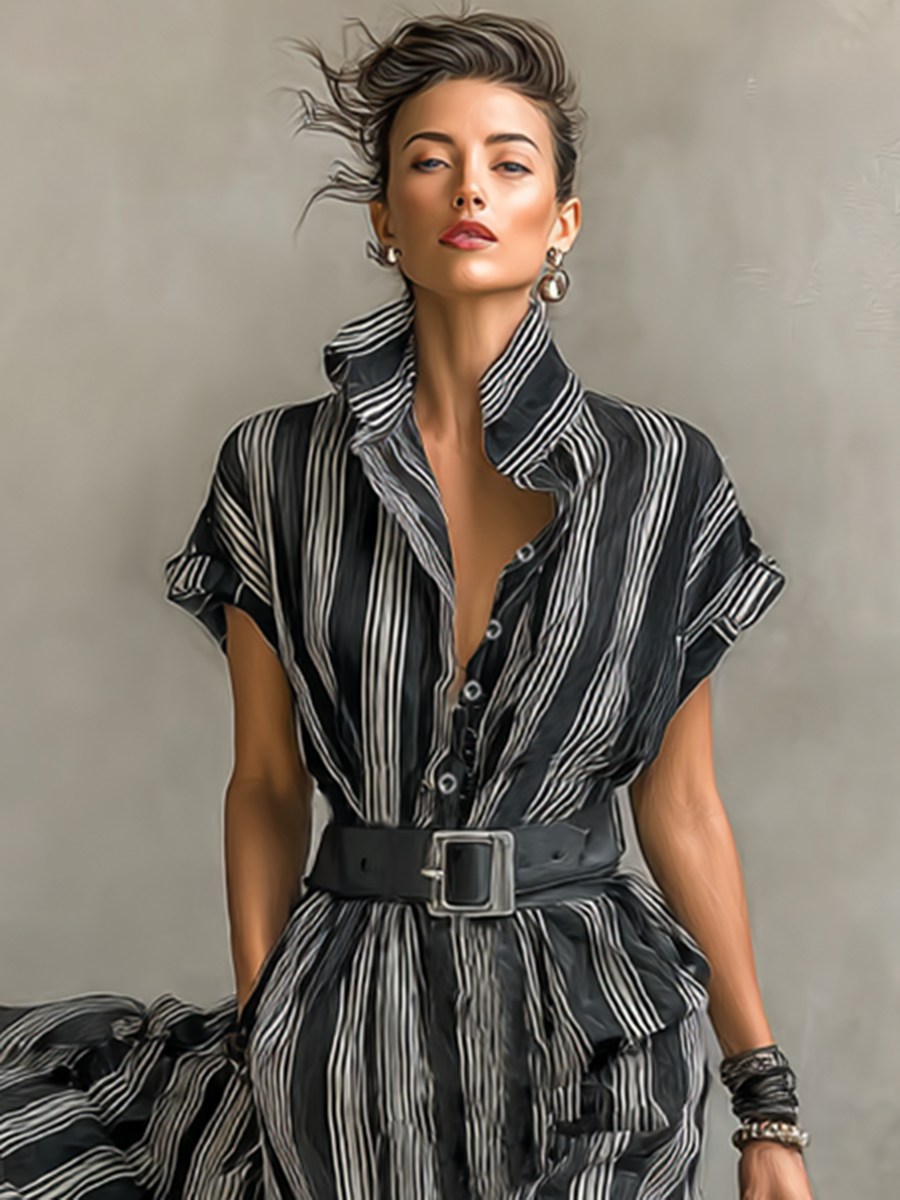 Rochie Maxy Chiffon Împăturită cu Guler și Mâneci Scurte pentru Femei cu Curea
