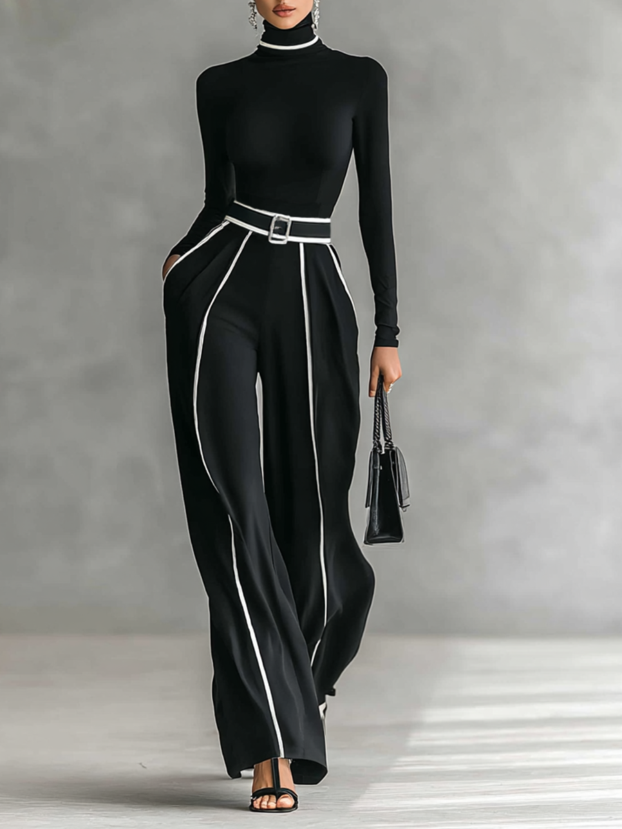 Set de două piese pentru femei cu top cu gât înalt, mâneci lungi, pantaloni cu picior larg și curea