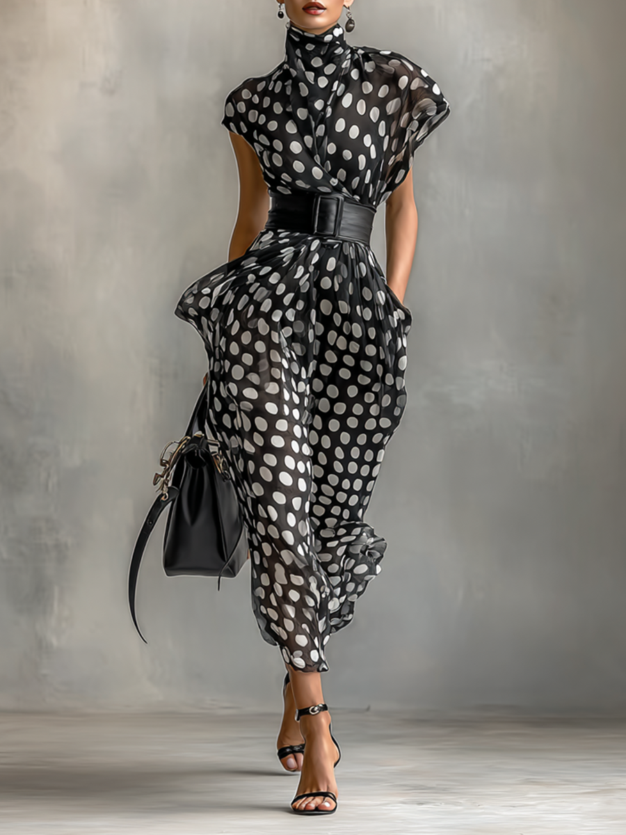 Rochie Maxi din Chiffon cu Model Punctat și Guler Înalt