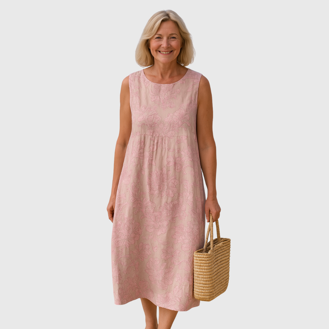 Sofia – Rochie de Vară cu Imprimare Florală Roz Moale și Siluetă Relaxată