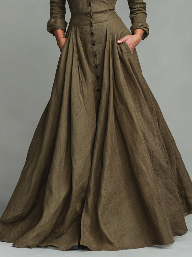 Rochie Maxi Vintage din Bumbac și In pentru Femei cu Design Tip Cămașă