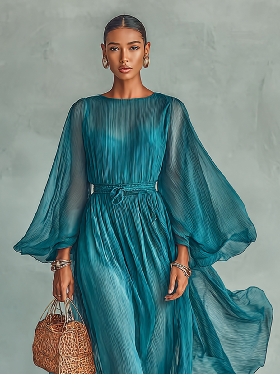 Rochie Maxi din Chiffon cu Guler Rotund și Mâneci Lungi pentru Femei, cu Talie Reglaibilă