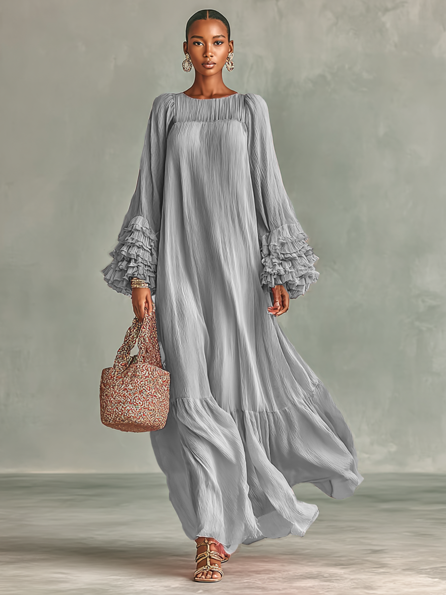 Rochie Maxi din Chiffon Plisat pentru Femei cu Mâneci Lungi și Volane