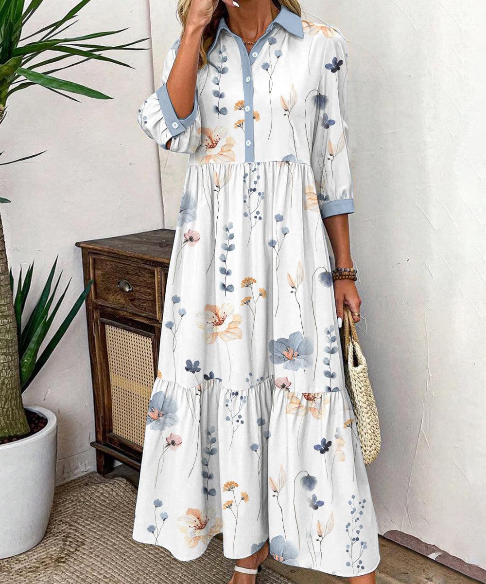 Elvienne | Rochie Maxi Frisse cu Print și Guler