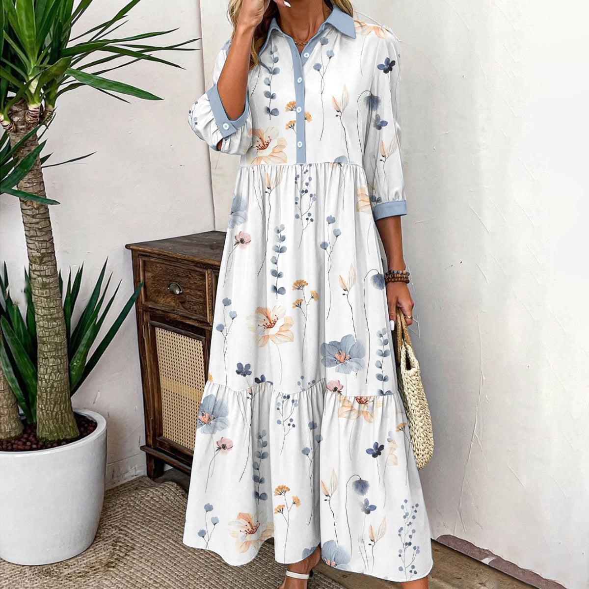 Elvienne | Rochie Maxi Frisse cu Print și Guler