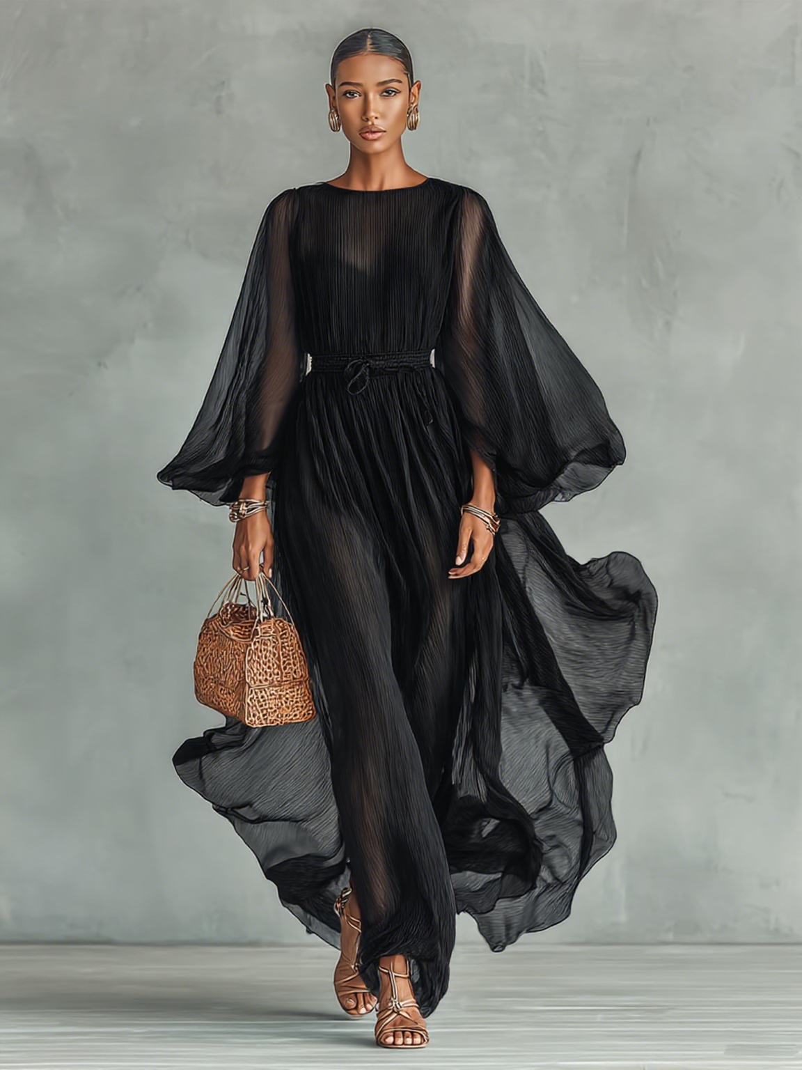 Rochie Maxi din Chiffon cu Guler Rotund și Mâneci Lungi pentru Femei, cu Talie Reglaibilă