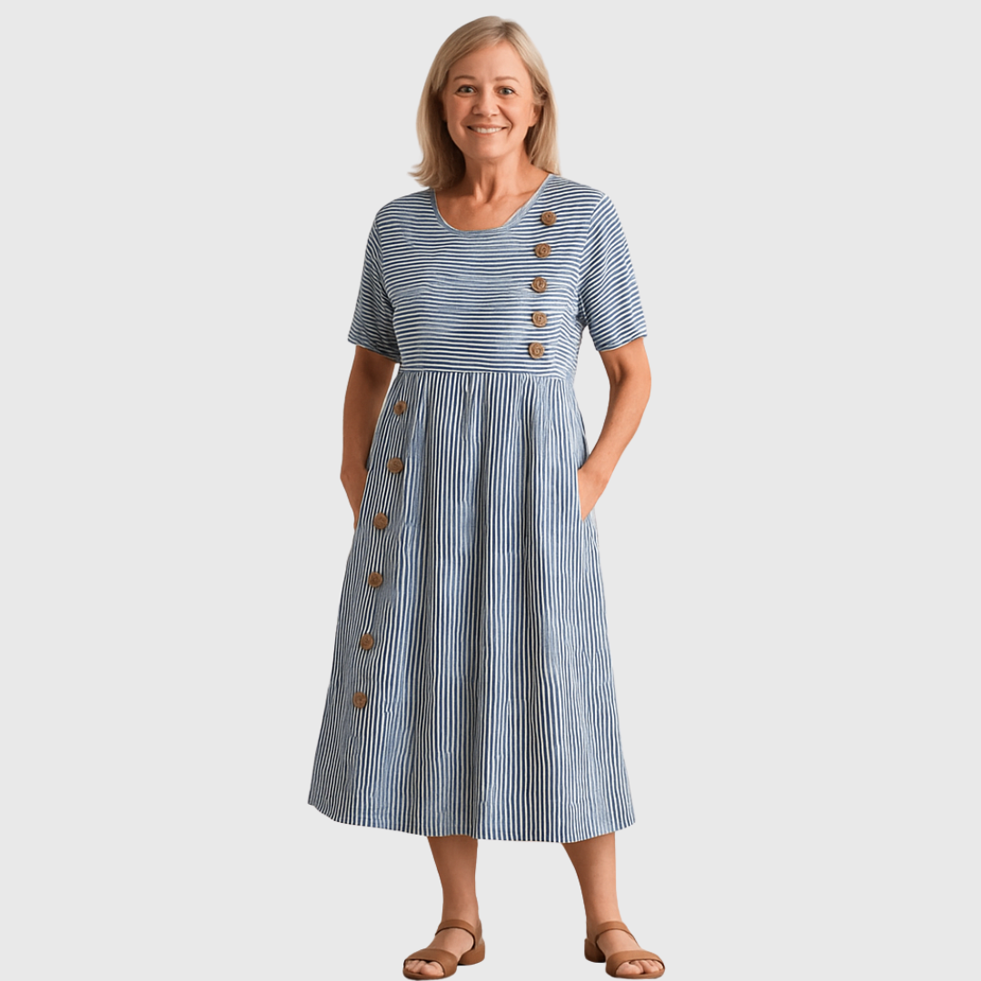 Sofia – Rochie Rayée cu Butoane și Croială Confortabilă & Țesătură Moale