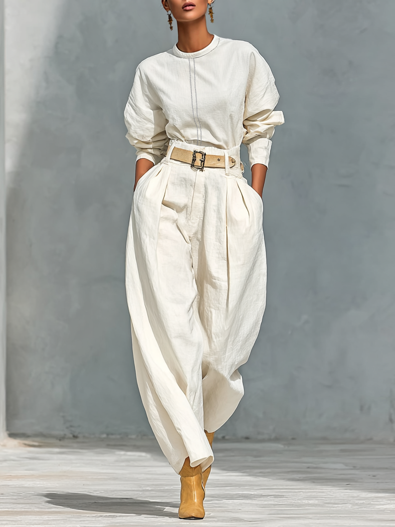 Set de Cămașă cu Mâneci Lungi și Pantaloni Largi din Bumbac și In